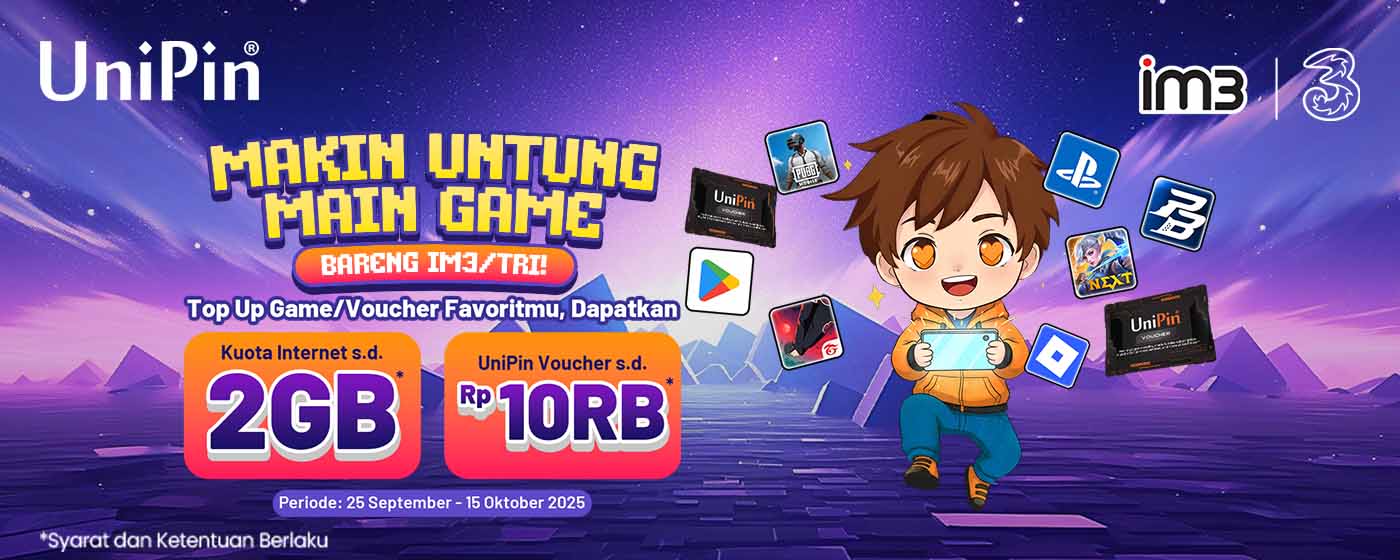 Double Kejutan! Bonus Kuota 2GB + UniPin Voucher Rp10.000 dengan Pulsa IM3/Tri!